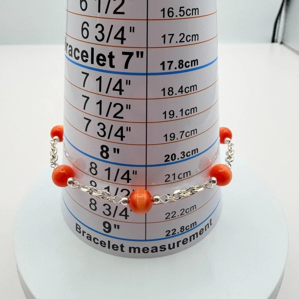 Vintage 90s Women's Silver Tone Chain Burnt Orange Bead Station Bracelet Jewelry